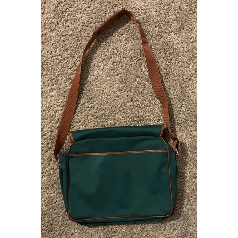Vintage Ralph Lauren Green Shoulder Messenger Laptop Bag Brown Trim